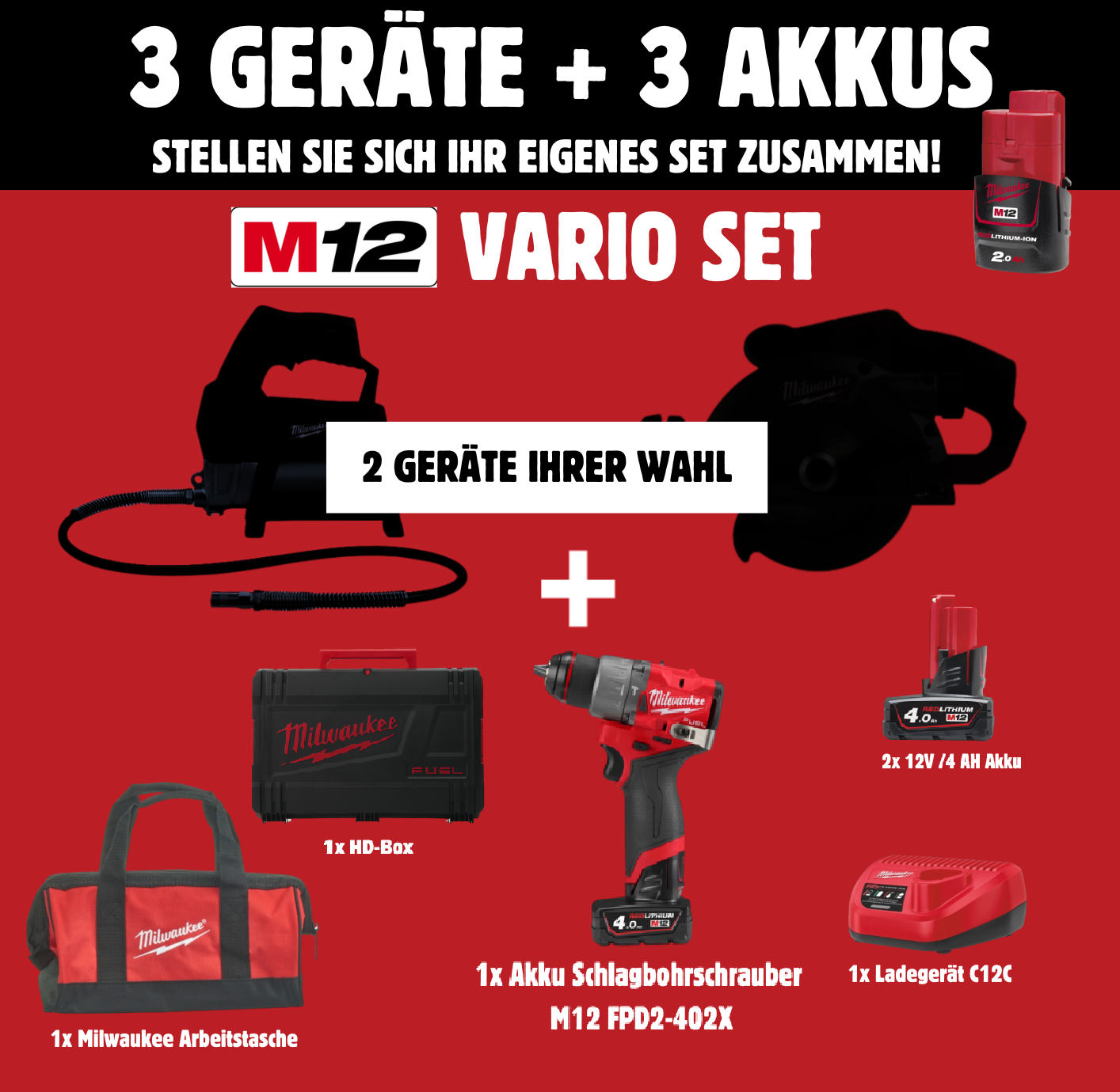 Milwaukee Vario Set - 2 Maschinen Ihrer Wahl mit Akkus + Zubehör