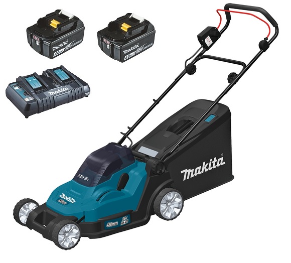 Makita Akku-Rasenmäher DLM432PT2 mit 2x 18V 5Ah Akku und Doppelladegerät DC18RD