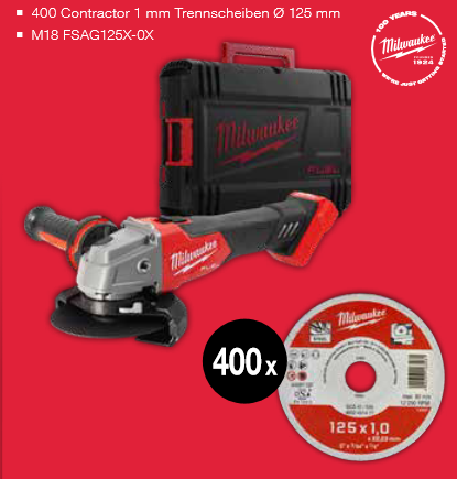 Milwaukee M18 FSAG125X-0X Winkelschleifer + 400 Trennscheiben 1mm