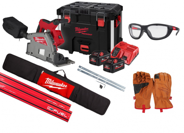 Milwaukee Tauchsäge M18FPS55-552P + Führungsschienen KIT mit Schutzbrille & Arbeitshandschuhen